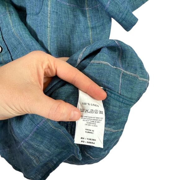 32 Bar Blues Blue Plaid 100% Linen Short Sleeve Button Down Shirt Mens Large - Picture 4 of 5